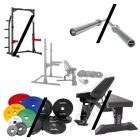 Flera viktskivor, träningsbänkar, skivstänger och skivstångsställningar 