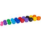 Färgglada neoprenhantlar 1–10 kg i hexagonal design, perfekt för hemmagym och gruppträning.