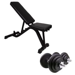 STÄLLBAR TRÄNINGSBÄNK OCH HANTELGREPP MED SVARTA JÄRNSKIVOR 