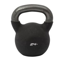 Svart neoprenklädd kettlebell från Master Fitness med vikt på 24 kg och greppvänligt handtag.