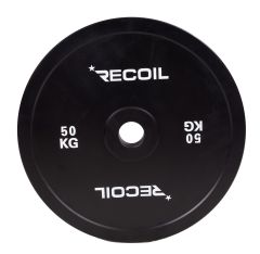 Framsida av Recoil kalibrerad 50 kg viktskiva i svart stål med tydlig viktmarkering.
