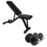 STÄLLBAR TRÄNINGSBÄNK OCH HANTELGREPP MED SVARTA JÄRNSKIVOR 