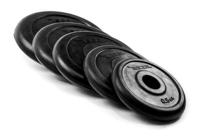 Fem stycken gummi viktskivor med olika vikt