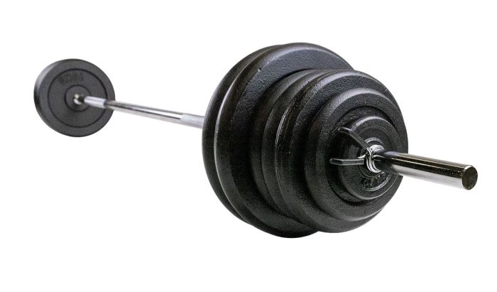 SKOLSTÅNG med svarta järnviktskivor och fjäderlås 