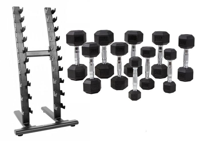 Tio stycken hexagon hantlar samt hexagonställ