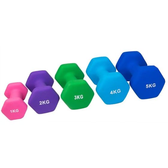 Färgkodade neoprenhantlar 1–5 kg – 5 par i olika färger.