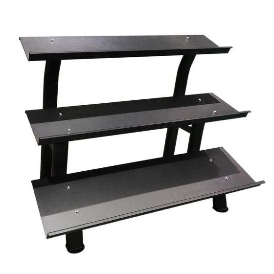 Stabilt 3-vånings hantelställ för hexagonhantlar med tre breda hyllplan