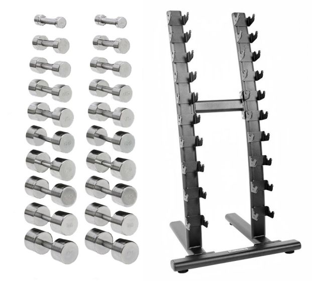 Flera krom hantlar samt hantelställ 