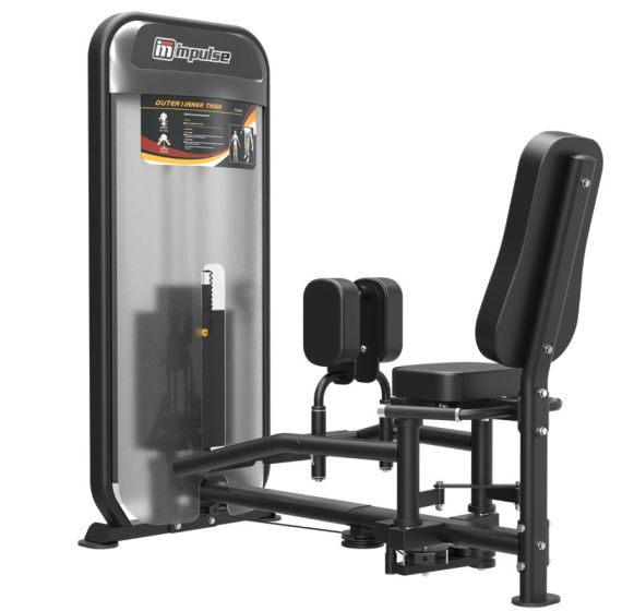 Lårpressmaskin från Impulse för in- och utsida lår med svart stålkonstruktion och justerbart viktmagasin