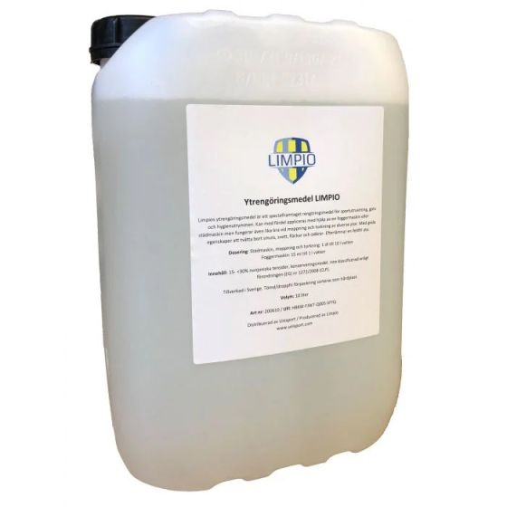 Vit 10-liters plastdunk med etikett för ytredningöringsmedel från Limpio, placerad mot vit bakgrund.