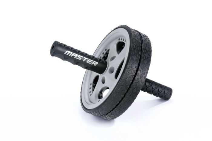 Maghjul med dubbla hjul från Master Fitness i svart och grå design, greppvänliga handtag och gummerat hjul för stabilitet vid magträning