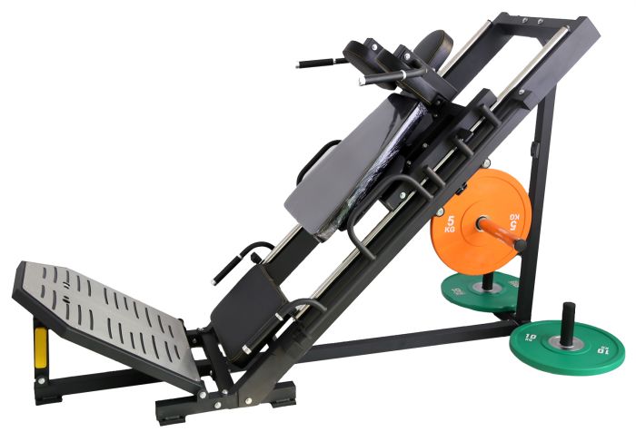 Recoil Benpress och Hacklift i stålfärg sedd från sidan med vikthäng.