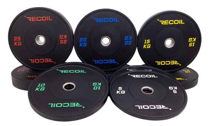Set med Recoil bumper plates i svart gummi – viktskivor i flera färger och vikter, totalt 150 kg