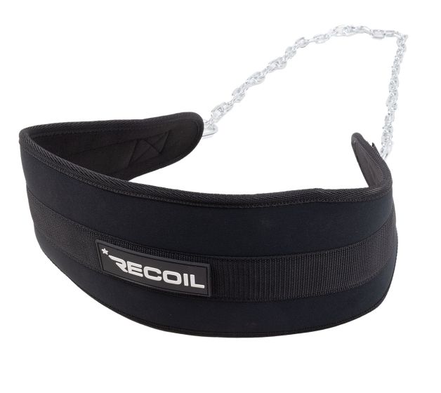 Recoils svarta dipsbälte med kedja och logotyp – frontvy