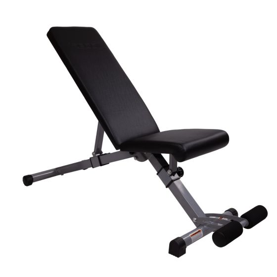 Recoil justerbar träningsbänk sedd framifrån i upprätt läge.