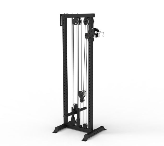 Recoil kryssdragshalva i svart stål med viktstaplar, sett framifrån i sin helhet.