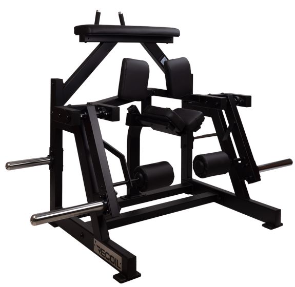 Recoil lårcurlmaskin med dubbla viktstänger i svart, utformad för tung och effektiv benträning.