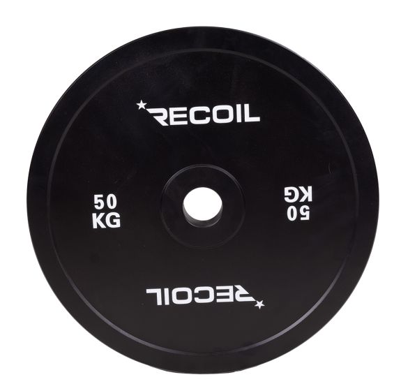 Framsida av Recoil kalibrerad 50 kg viktskiva i svart stål med tydlig viktmarkering.