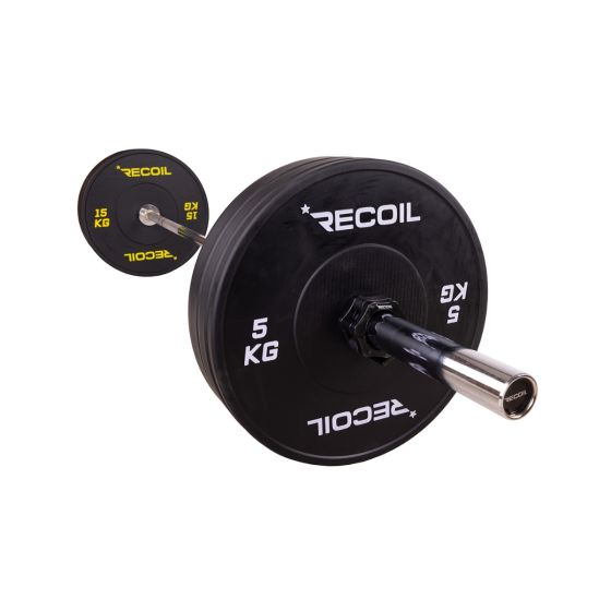 Komplett set med svart 80 kg bumper plates och skivstång från Recoil – för gym och crossfit