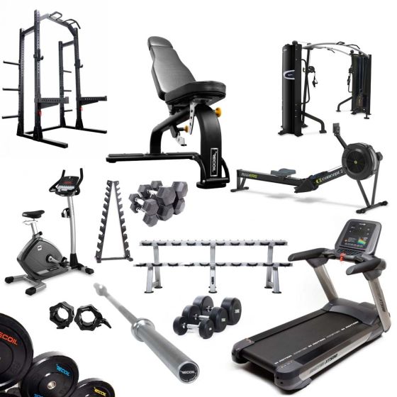 Flertal grundläggande gymredskap såsom motionsmaskiner, hantlar och skivstång