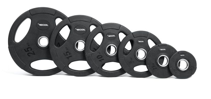 Sex stycken Polyuretan viktskivor med olika vikt 