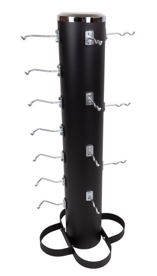 Svart tillbehörsställ från Recoil med flera krokar för handtag, fotad framifrån