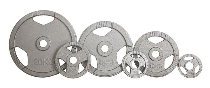 Sex stycken järn viktskivor med olika vikt 