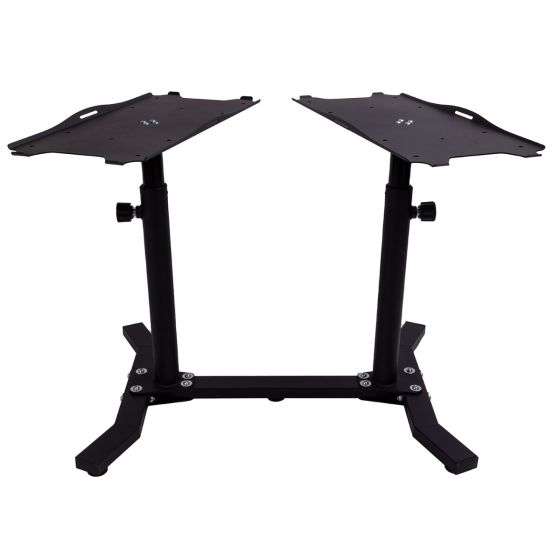 Viktställ i svart stål från Recoil för justerbara hantlar, sedd framifrån med två separata hållare