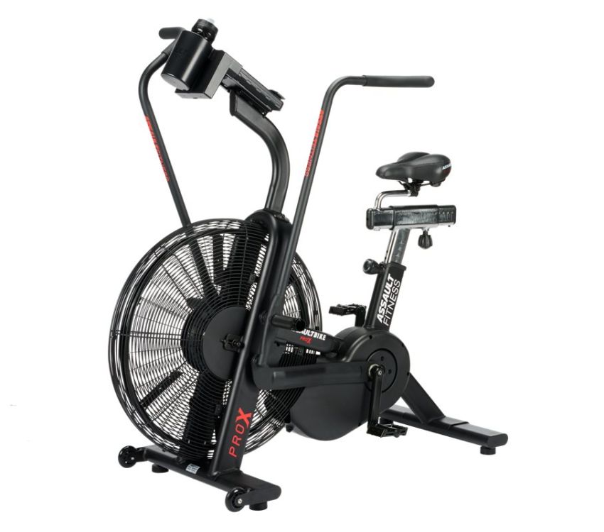 Airbike Assault PRO X svart/röd sedd snett framifrån med tydlig stålkonstruktion