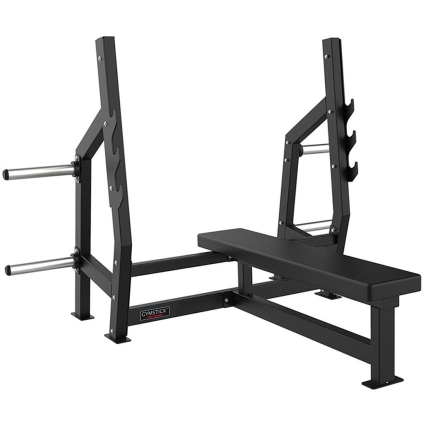 Stabil bänkpress med vikthäng från Gymstick, modell PRO20.0 i svart stål – perfekt för kommersiella gym och tunga lyft.