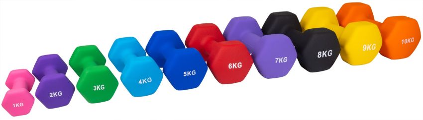 Tio stycken neopren hantlar i vikterna 1kg till 10kg