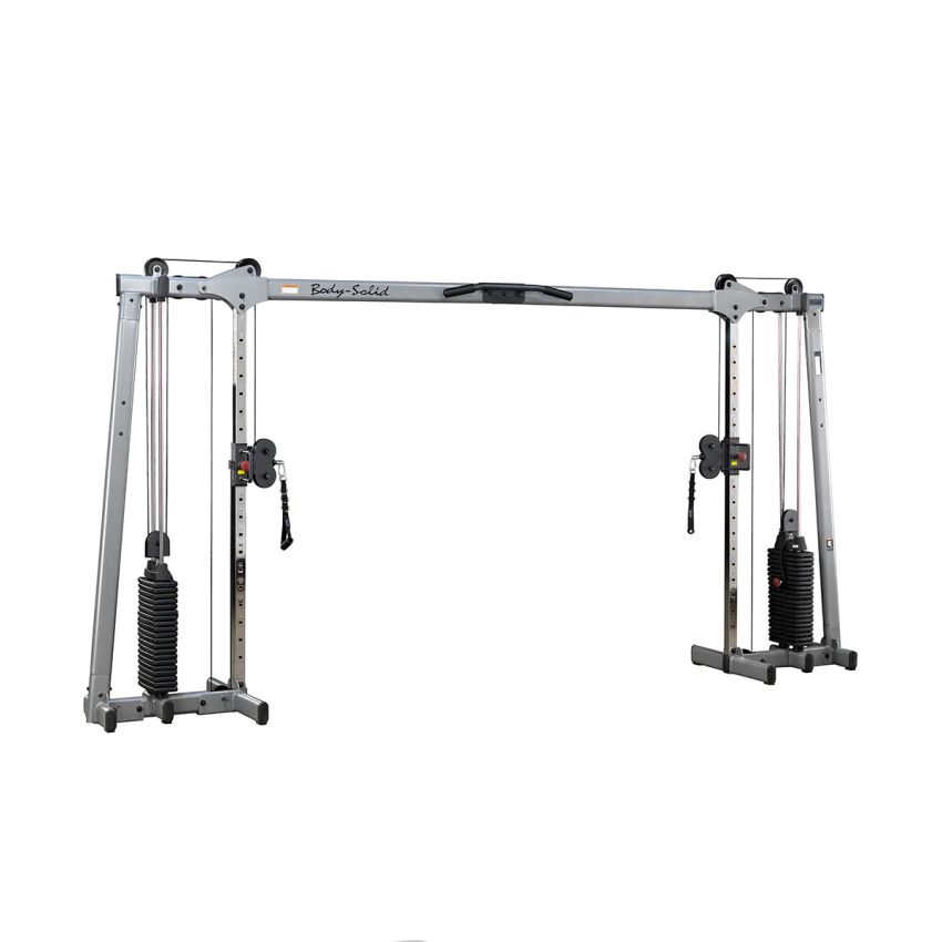 Kryssdrag Body Solid GDCC250 i silver/svart – frontvy med dubbla viktmagasin och chinsstång.