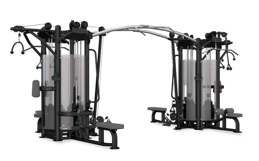 Multigym med två fyrstationer från BH Fitness med kraftig stålkonstruktion och svart klädsel