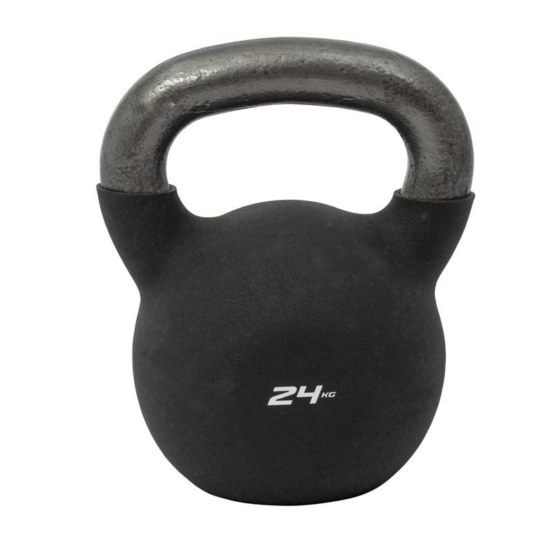 Svart neoprenklädd kettlebell från Master Fitness med vikt på 24 kg och greppvänligt handtag.