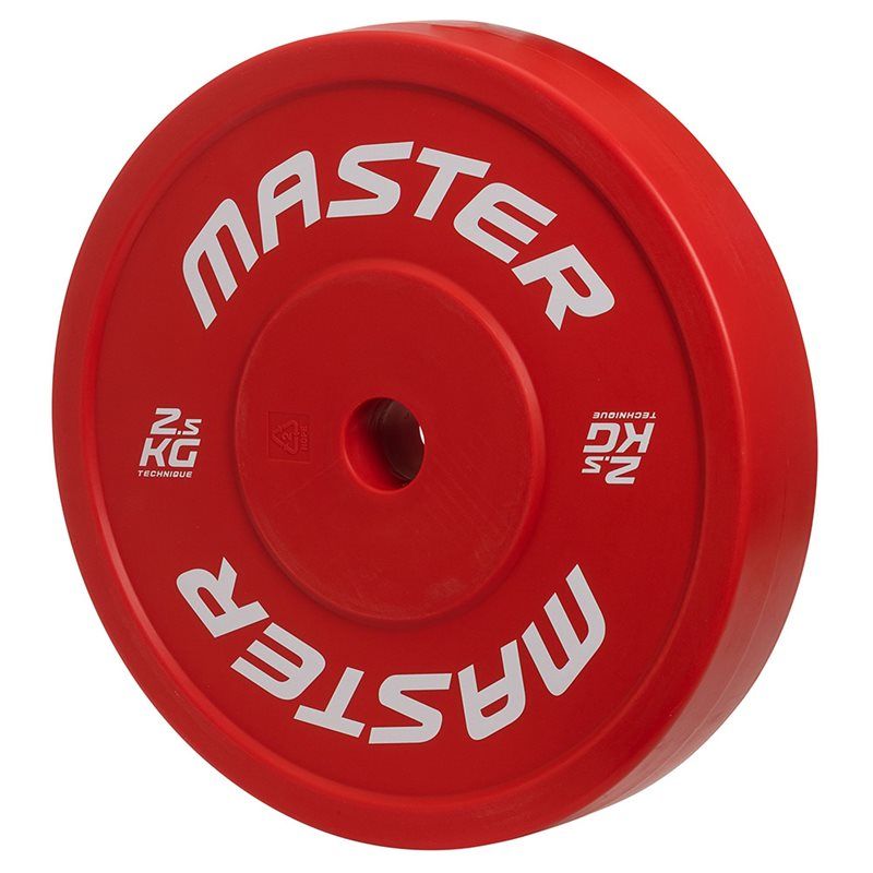 Röd teknikskiva 2,5 kg från Master i tålig plast med 50 mm hål för teknikträning och uppvärmning