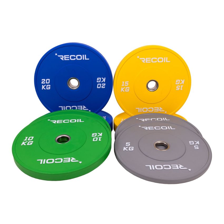 Färgade bumper plates från Recoil i gummi, set med viktskivor 5 kg, 10 kg, 15 kg och 20 kg – totalt 100 kg