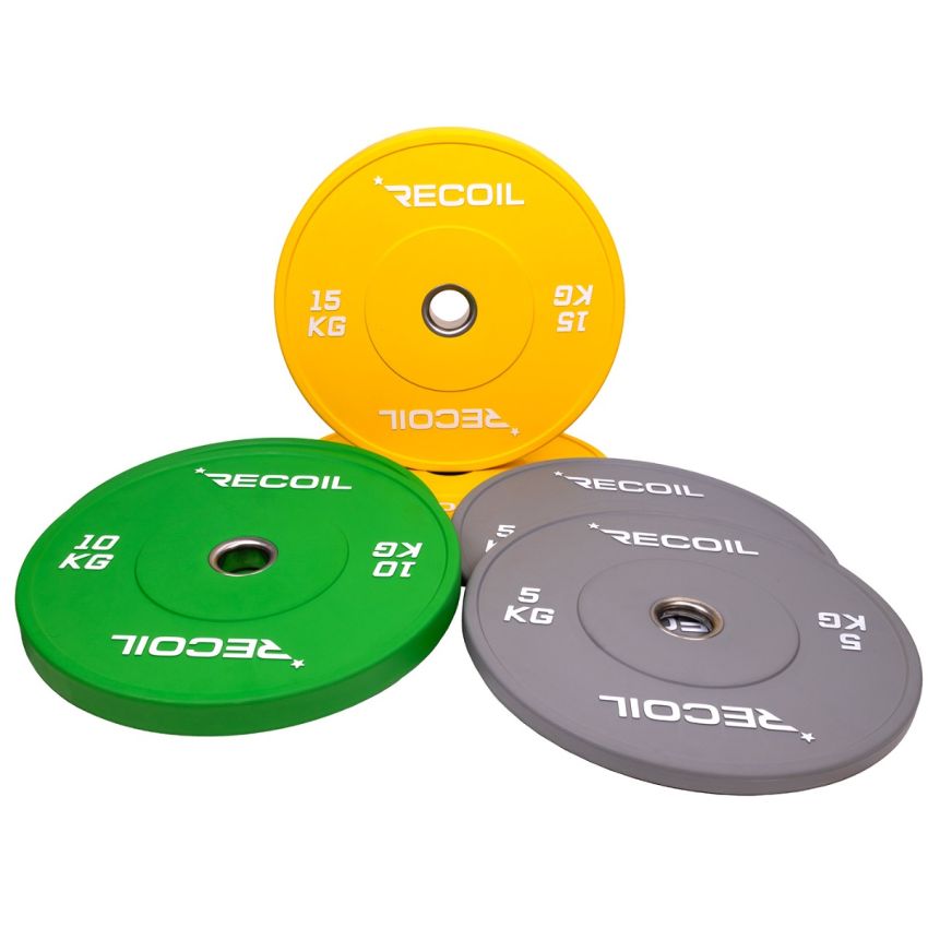 Färgade bumper plates från Recoil i gummi, viktpaket med 2x5kg, 2x10kg och 2x15kg