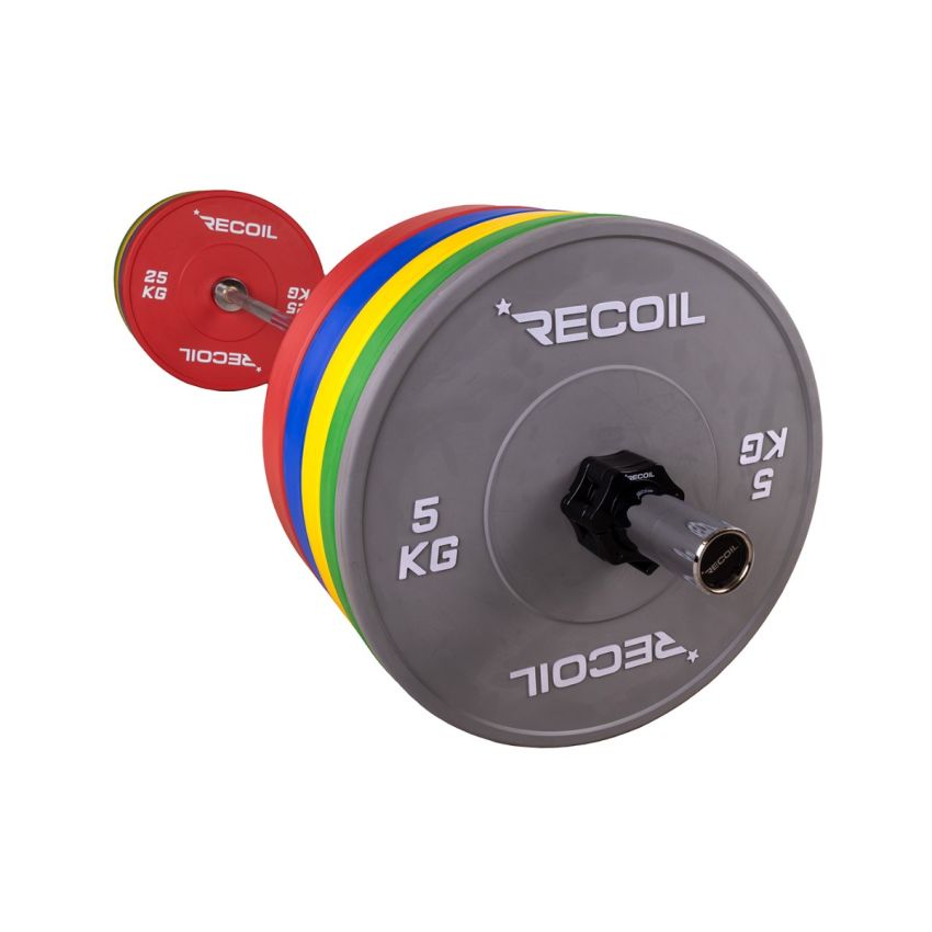 Skivstångsset 170kg från Gymkompaniet med Recoil bumper plates i färg – idealisk för tyngdlyftning och crossfit.