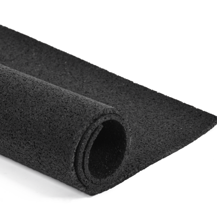 Gymmatta på rulle i svart gummi, 6 mm tjocklek och 1,25×10 m storlek.