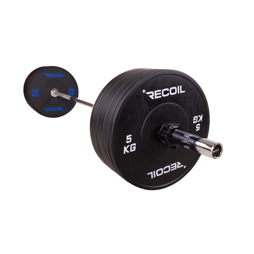 Skivstångsset 120 kg med svarta Bumper Plates Pro från Recoil – tålig konstruktion för tyngdlyftning och crossfit